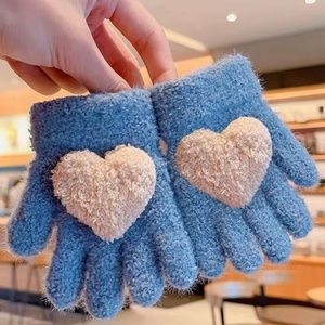 Blue Kids Winter Finger Gloves Cute Cartoon Heart